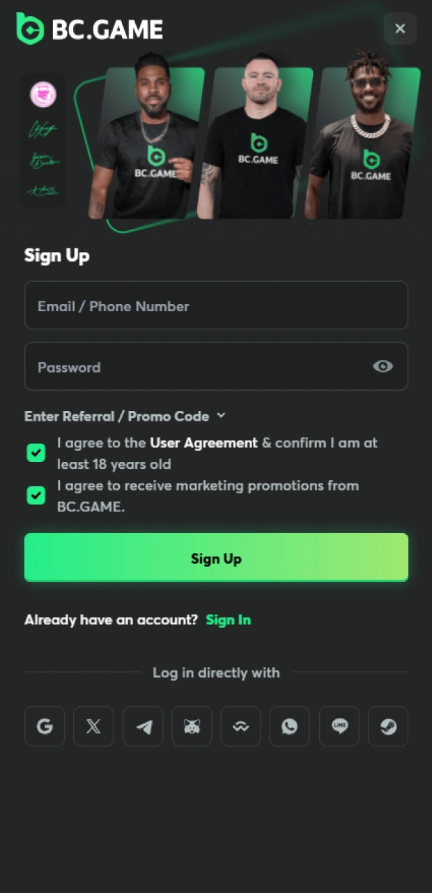 Click the Sign Up button and register an account on BC Game.