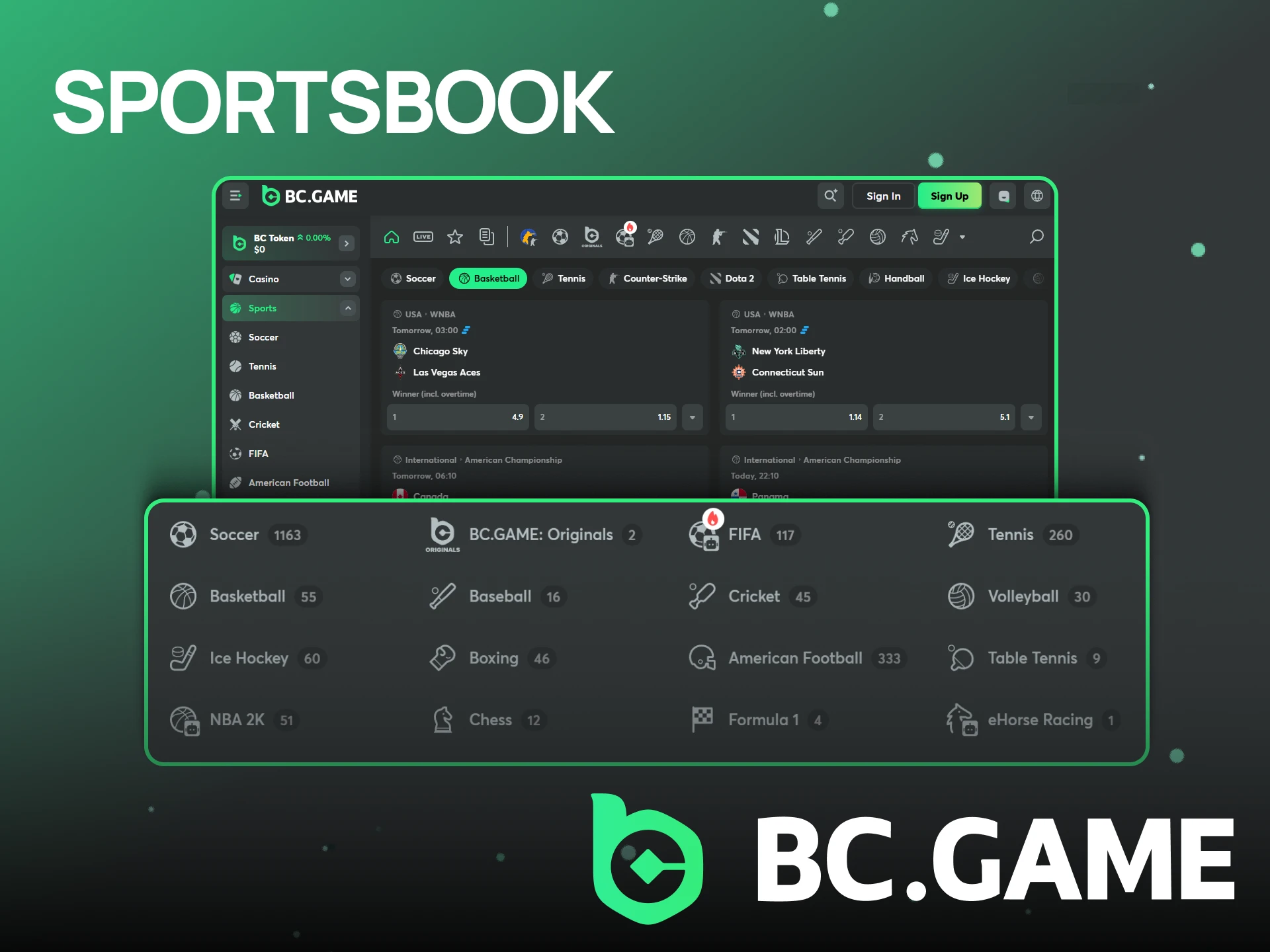 Various sports games on the official BC Game site.