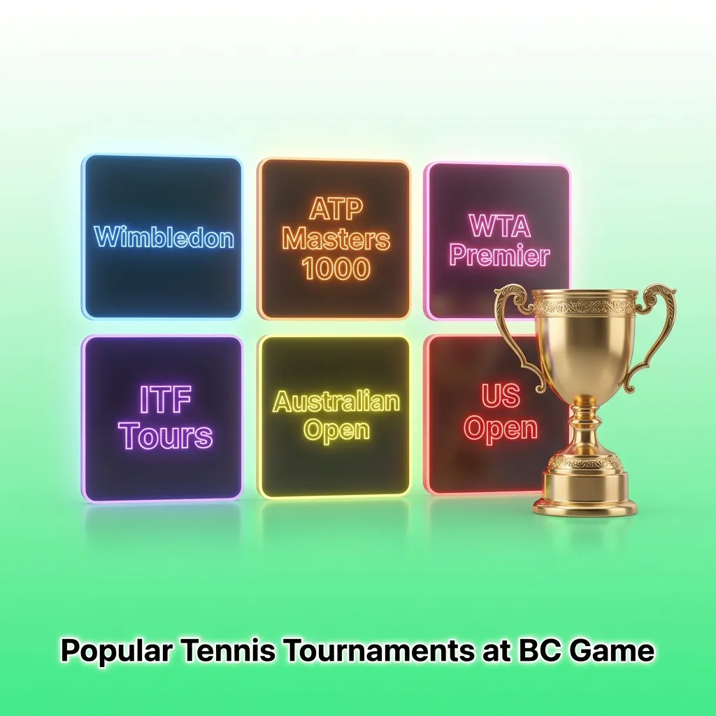 Major tennis tournaments available for betting at BC Game including Grand Slams and ATP/WTA tour events year-round