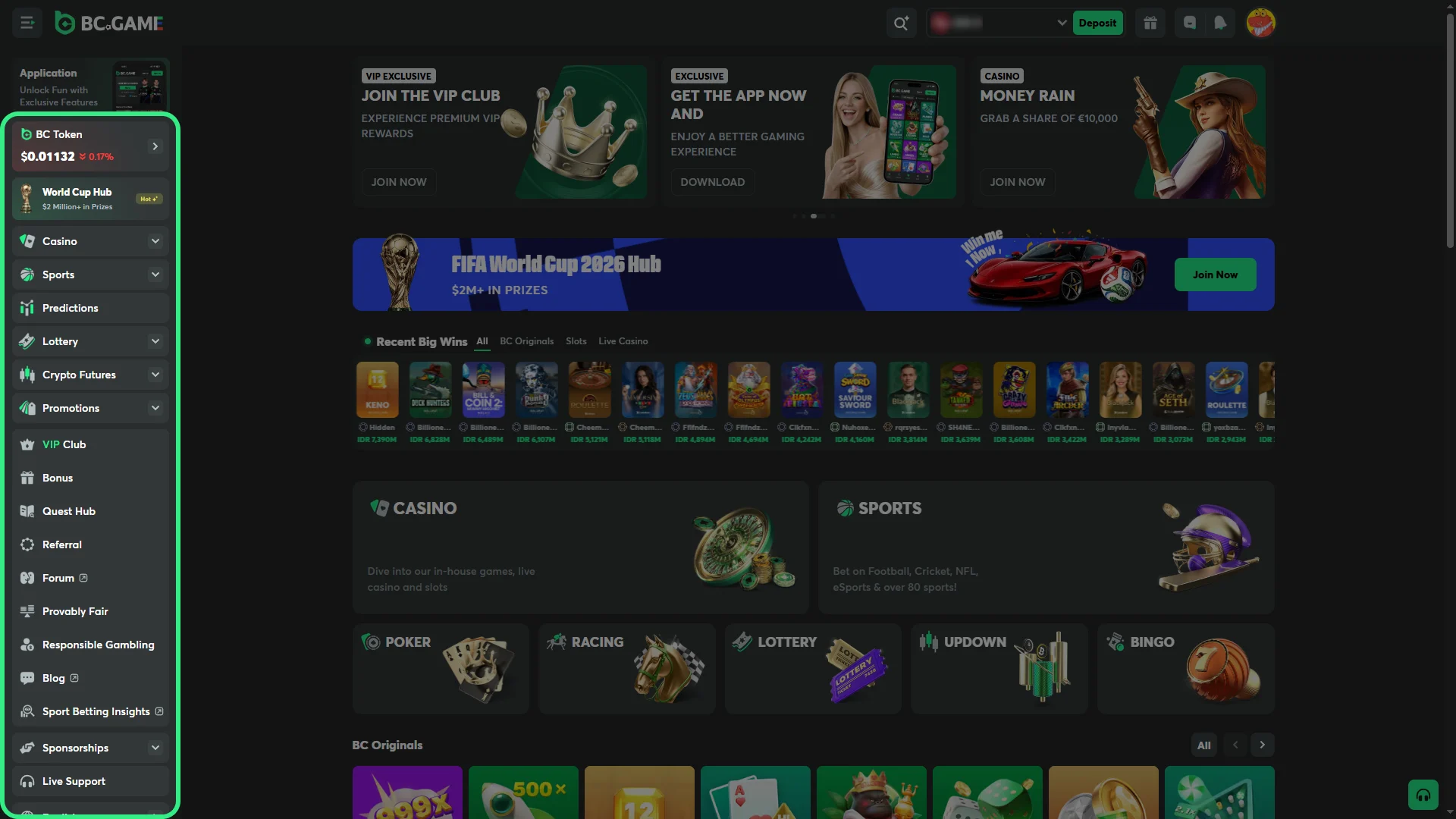 After installing the app on your PC, browse the panel containing the available BC Game sections.