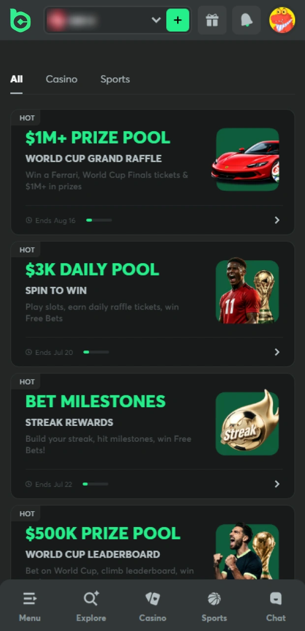 Activate other available rewards after using the promo code in the BC Game app.