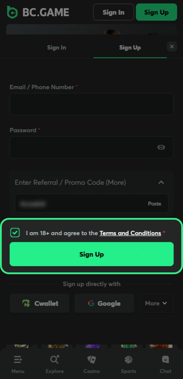 Finalize the sign up process with the valid BC Game App promo code.