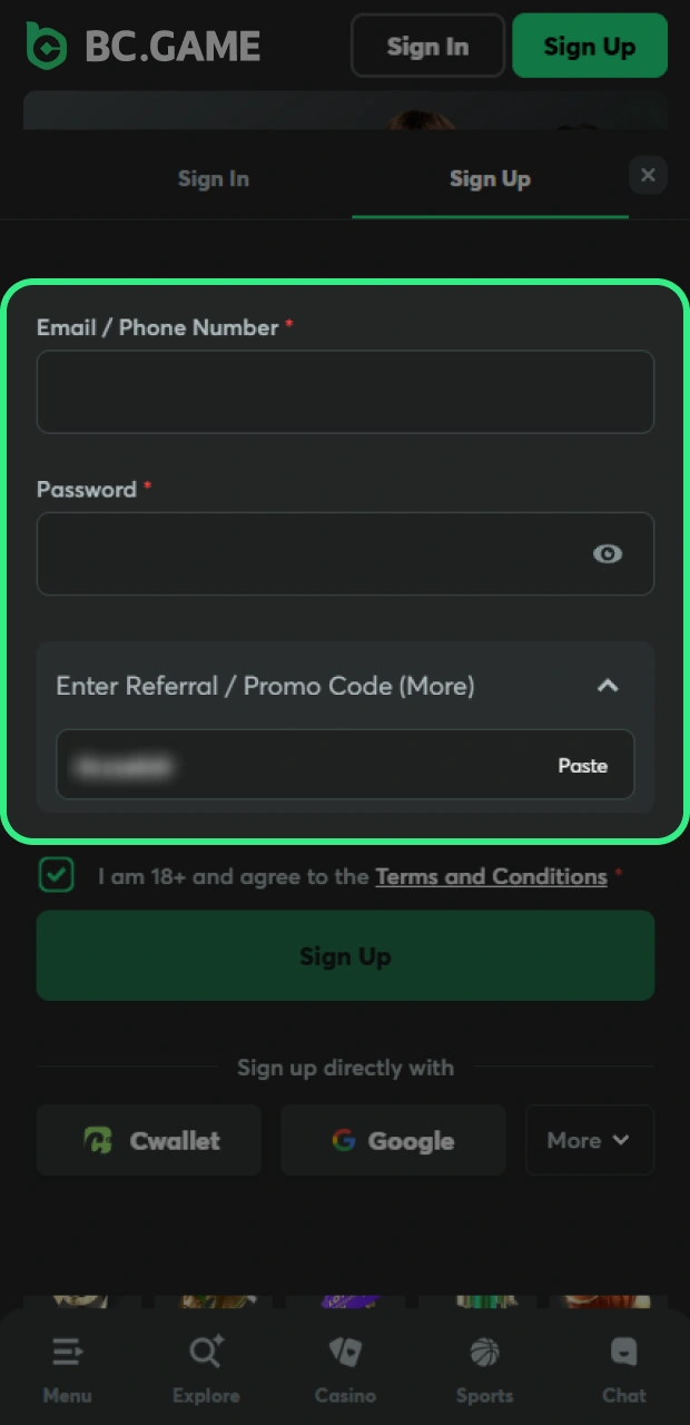 Enter the promotional combination into the BC Game App registration form.