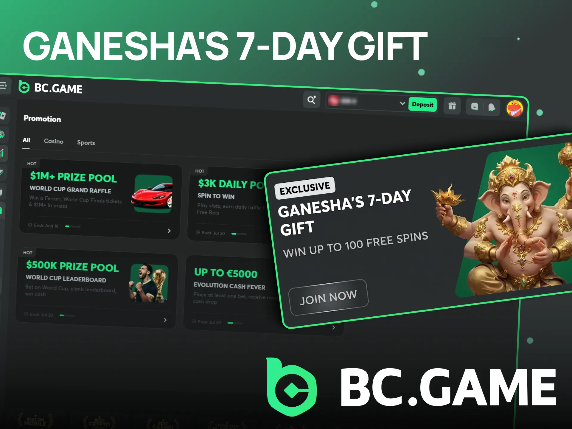 Claim the unique Ganesha 7-day gift promotion on BC Game.