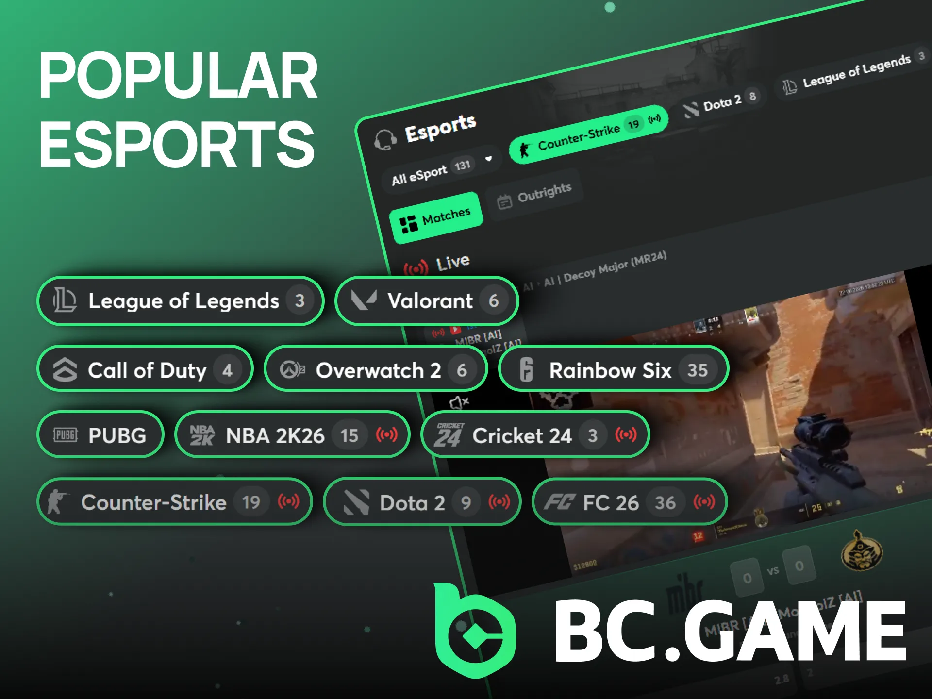 BC Game offers a variety of eSports titles for your bets.