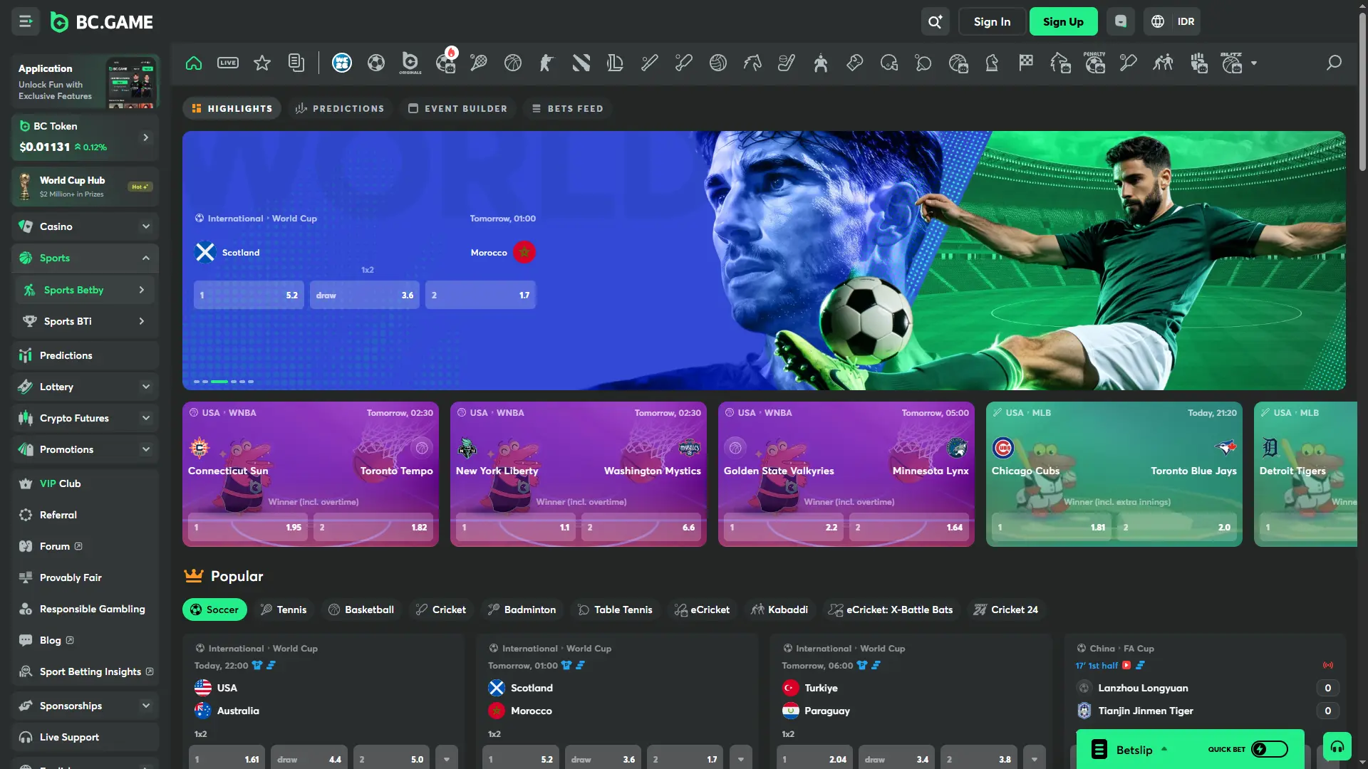 Place winning sports bets using the comprehensive BC Game sportsbook.