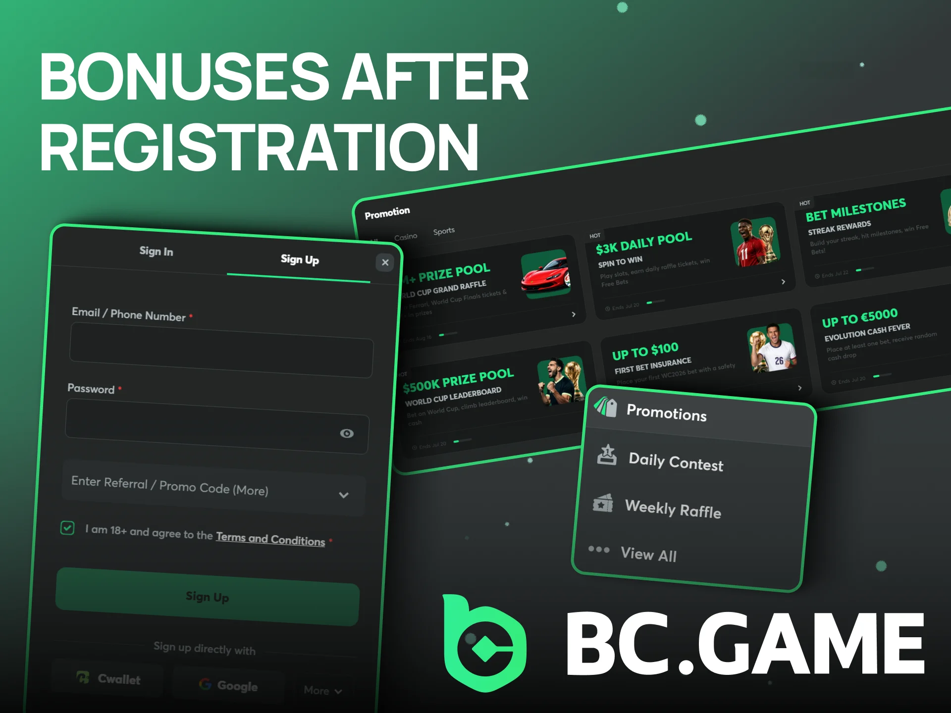 After registering on BC Game, you can choose one of the attractive bonuses offered by the platform.