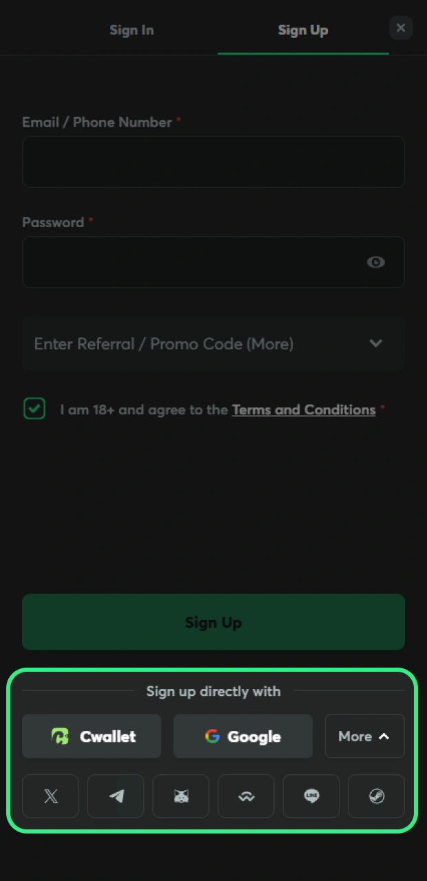 You can choose other quick registration methods on BC Game.