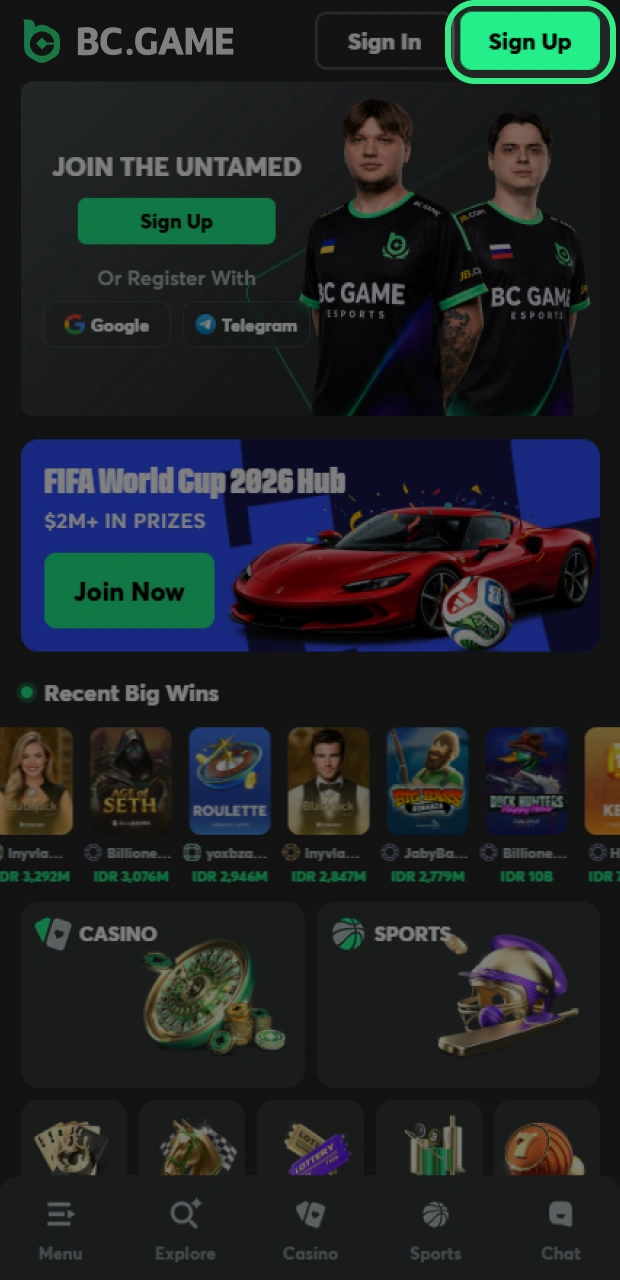 Click the BC Game registration button at the top of the site.