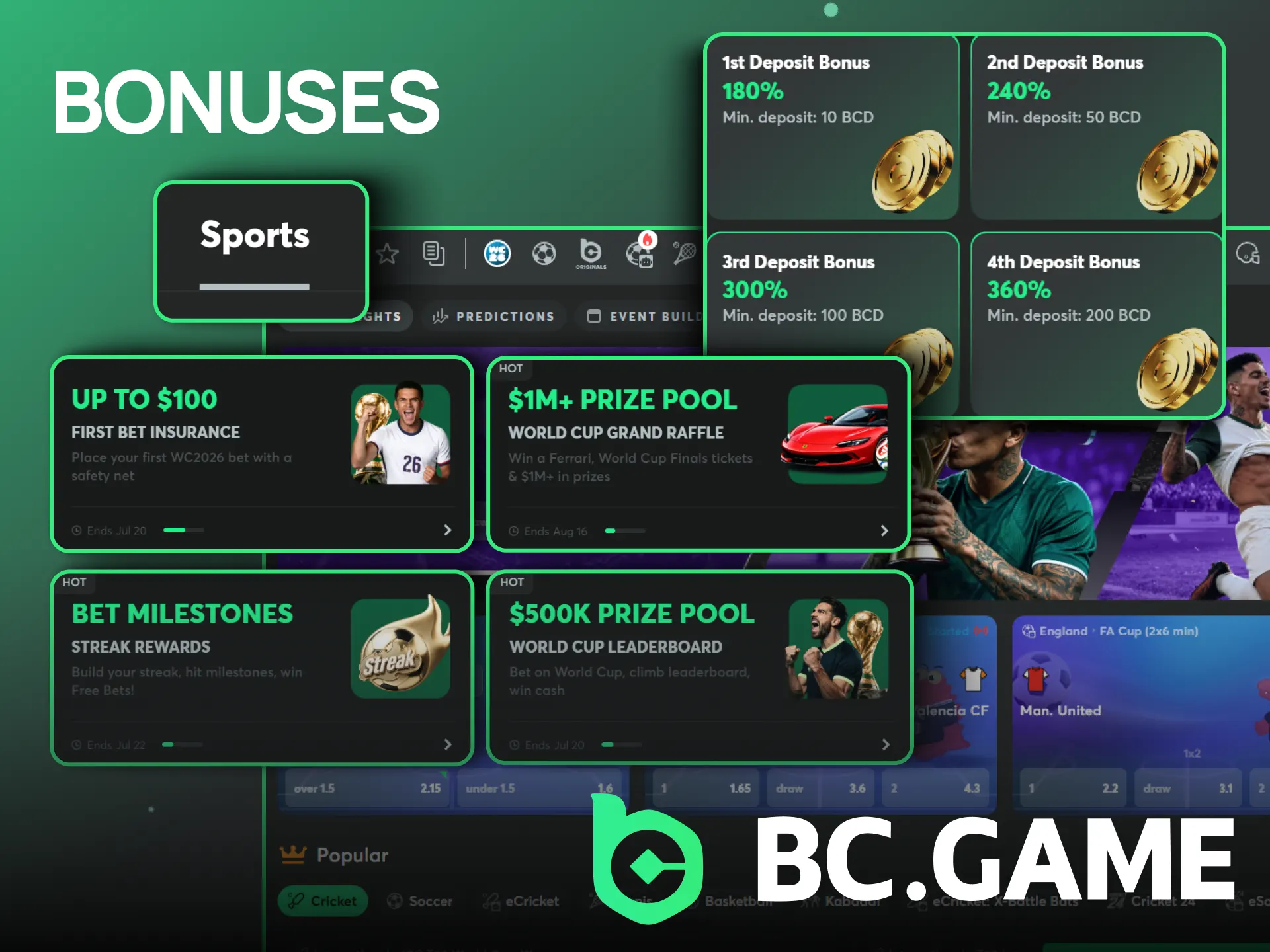 Choose sports bonuses to boost your winnings from bets on BC Game.
